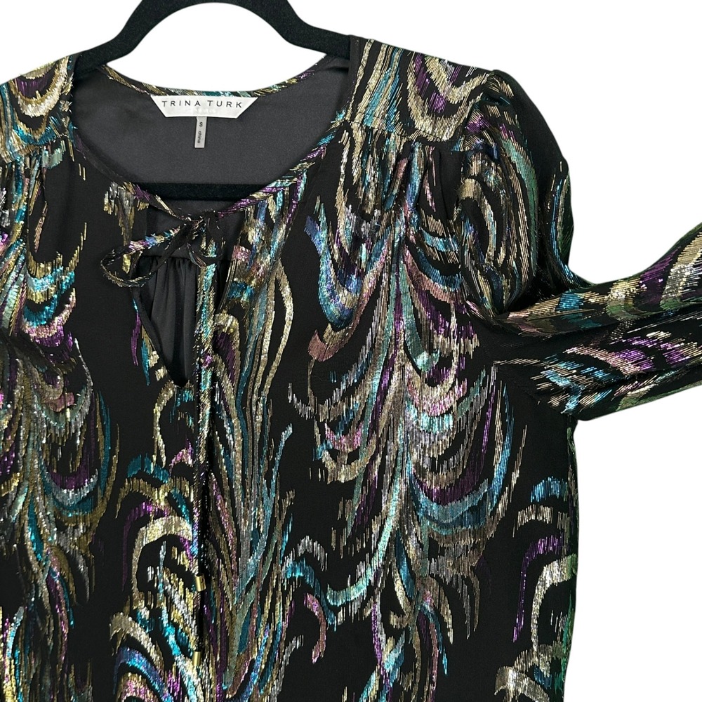 Trina Turk Top Ambrosial Silk Blend Metallic Jacquard V-Neck Black Multi S Glam - Picture 9 of 14